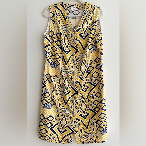 Jolida Vintage Geometric Button Front Dress, Yellow/Blue/White, Size Large - Picture 1 of 16